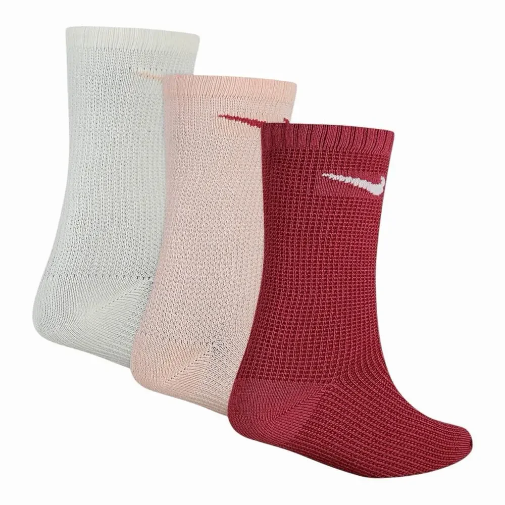 Nike Kids Soft And Cozy 3-Pack Waffle Crew Socks Size 5-7 Pink Burgundy White